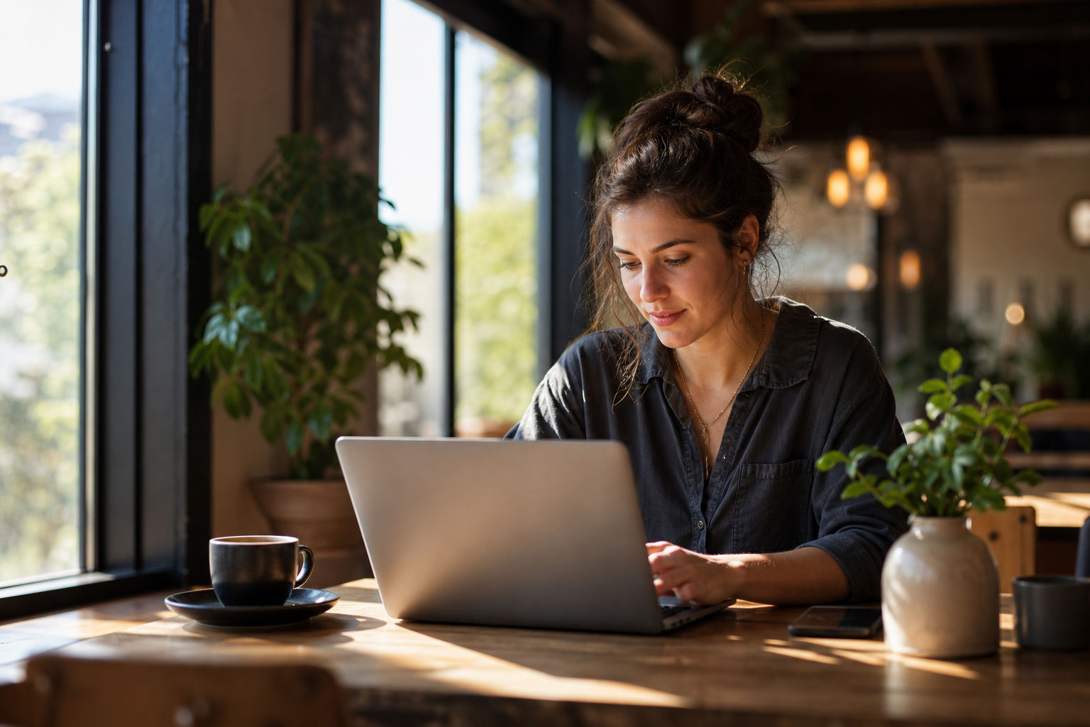 UX designer annotating a web page on a large monitor in a bright office